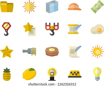 Color flat icon set hook flat vector, hard hat, spaghetti, lemon, on a fork, scrambled eggs, pineapple, pancakes, sun, computer file, sticker, hostory roll, fector, taxi, favorites, lamp