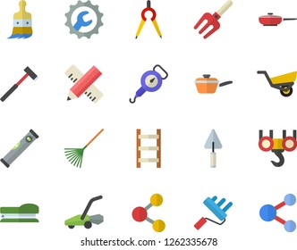 Color flat icon set hook flat vector, trowel, paint roller, level meter, measure, repair, ax, frying pan, saute, spring balance, pitchfork, brush, rake, ladder, garden wheelbarrow, lawn mower, share