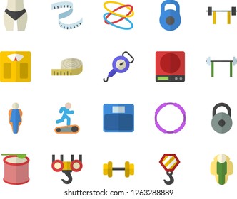 Color flat icon set hook flat vector, weighing machine, spring balance, dumbbell, barbell, weight, centimeter, waistline, Treadmill, steroids, hoop, size, lose
