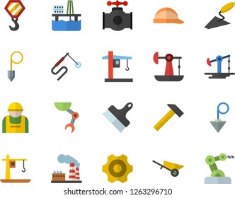 Color flat icon set hook flat vector, trowel, wheelbarrow, cogwheel, hard hat, putty knife, construction plummet, hammer, oil production platform, pumping, main pipeline, factory, worker, crane