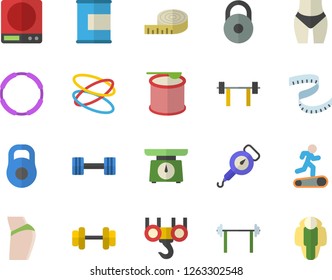 Color flat icon set hook flat vector, weighing machine, spring balance, dumbbell, barbell, weight, centimeter, buttocks, waistline, Treadmill, proteins, steroids, hoop, lose