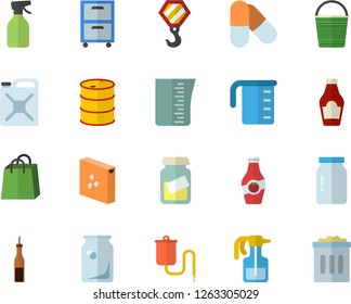 Color flat icon set hook flat vector, meashuring cup, groats, glass jar, ketchup, sauce, pulverizer, bucketful, oil tanks, canister, bottles, bags, medical warmer, analysis, archive, pills