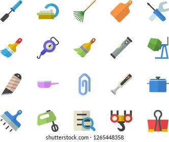 Color flat icon set hook flat vector, concrete mixer, tool, paint brush, level meter, putty knife, stationery, saucepan, saute, spring balance, kitchen spatula, cutting board, blender, rake, clip