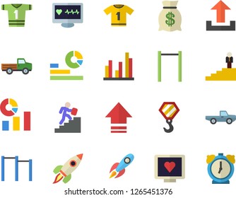 Color flat icon set hook flat vector, pickup truck, rocket, wealth, statistics, computer diagnostics of health, statistic, career ladder, parallel bars, sport T shirt, upload, alarm clock