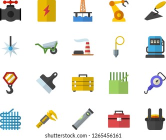 Color flat icon set hook flat vector, trowel, wheelbarrow, tool bag, level meter, switch box, putty knife, construction plummet, spring balance, oil production platform, trammel, main pipeline