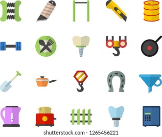 Color flat icon set hook flat vector, fence, stationery knife, saute, teflon, electric kettle, toaster, horseshoe, shovel, oil tanks, funnel, implant, dumbbell, carpal expander, parallel bars, safe