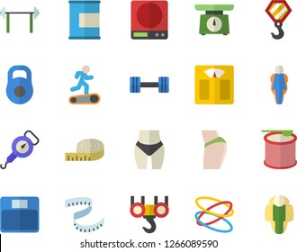Color flat icon set hook flat vector, weighing machine, spring balance, dumbbell, barbell, weight, centimeter, buttocks, waistline, Treadmill, proteins, steroids, hoop, size, lose