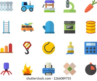 Color flat icon set hook flat vector, ladder, heating batteries, potholder, electric stove, well, carrot, tractor, paint brush, bonfire, oil tanks, virus, microscope, patch, calculator, printer