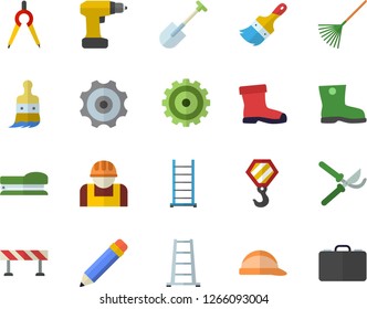 Color flat icon set hook flat vector, drill screwdriver, ladder, paint brush, hard hat, barrier, shovel, secateurs, rake, gumboots, construction worker, dividers, cogwheel, stapler, pencil, case