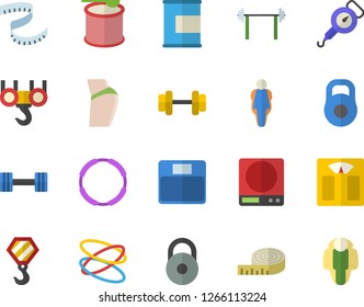 Color flat icon set hook flat vector, weighing machine, spring balance, dumbbell, barbell, weight, centimeter, buttocks, proteins, steroids, hoop, size, lose