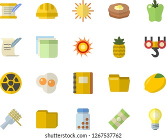 Color flat icon set hook flat vector, hard hat, spaghetti, lemon, on a fork, bell pepper, scrambled eggs, pineapple, pancakes, sun, radiation, computer file, sticker, hostory roll, notebook, fector
