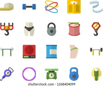 Color flat icon set hook flat vector, weighing machine, spring balance, dumbbell, barbell, weight, centimeter, buttocks, waistline, proteins, steroids, hoop, lose