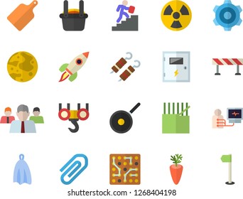 Color flat icon set hook flat vector, cogwheel, switch box, barrier, teflon, towel, cutting board, shashlik, carrot, radiation, fabric manufacture, metallurgy, team, diagnostics, clip, career ladder