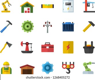 Color flat icon set hook flat vector, cogwheel, tool bag, level meter, switch box, ax, hammer, oil pumping, accumulator, power line support, construction worker, crane, metallurgy, warehouse