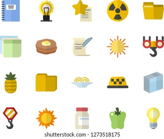 Color flat icon set hook flat vector, spaghetti, bell pepper, pineapple, pancakes, sun, radiation, computer file, sticker, hostory roll, notebook, vitamins, taxi fector, favorites, lamp