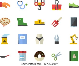 Color flat icon set hook flat vector, frying pan, potholder, donut, pitchfork, gumboots, vial, stethoscope, ink pen, nuclear power plant, notebook, industrial robot, brain, pedestal, sneakers