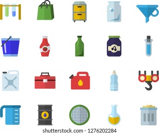 Color flat icon set hook flat vector, tool bag, meashuring cup, sieve, jam, ketchup, bucketful, oil tanks, canister, glass bottles, funnel, bags, medical analysis, archive, beakers, water, trash can