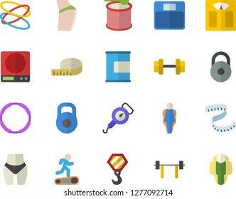 Color flat icon set hook flat vector, weighing machine, spring balance, dumbbell, barbell, weight, centimeter, buttocks, waistline, Treadmill, proteins, steroids, hoop, size, lose