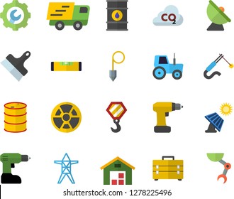 Color flat icon set hook flat vector, drill screwdriver, tool bag, level meter, repair, putty knife, construction plummet, tractor, solar battery, oil tanks, power line support, radiation, welding