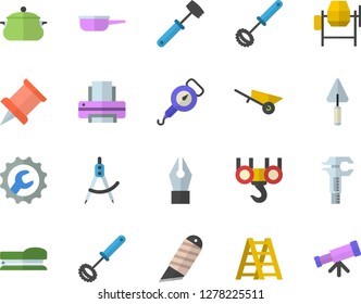 Color flat icon set hook flat vector, concrete mixer, trowel, wheelbarrow, ladder, repair, stationery knife, saucepan, saute, spring balance, whisk, meat hammer, dividers, trammel, ink pen, printer