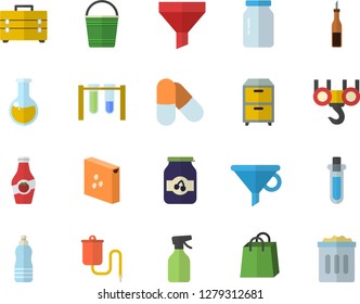 Color flat icon set hook flat vector, tool bag, groats, glass jar, sauce, jam, ketchup, pulverizer, bucketful, funnel, bags, medical warmer, analysis, archive, beakers, pills, water, trash can