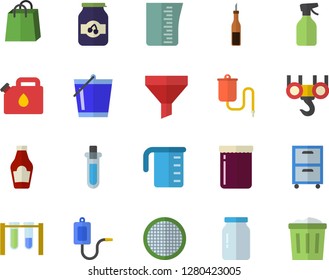 Color flat icon set hook flat vector, meashuring cup, glass jar, sieve, ketchup, sauce, jam, pulverizer, bucketful, canister, funnel, bags, medical warmer, archive, beakers, trash can