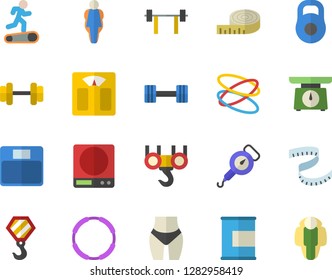 Color flat icon set hook flat vector, weighing machine, spring balance, dumbbell, barbell, weight, centimeter, waistline, Treadmill, proteins, hoop, size, lose