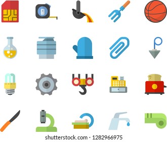 Color flat icon set hook flat vector, tape measure, energy saving lamp, construction plummet, faucet, potholder, knives, toaster, pitchfork, chemistry, SIM card, metallurgy, cash machine, microscope