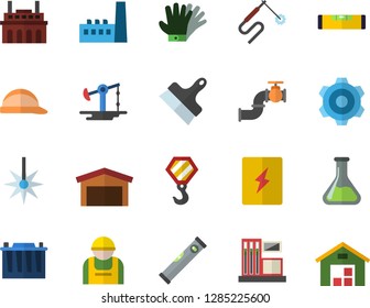 Color flat icon set hook flat vector, cogwheel, level meter, hard hat, switch box, putty knife, gloves, oil pumping, main pipeline, chemistry, gas station, accumulator, manufactory, plant, laser