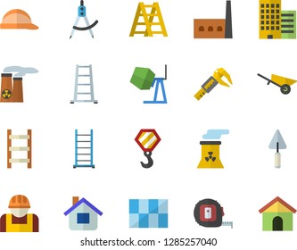 Color flat icon set hook flat vector, concrete mixer, trowel, wheelbarrow, tape measure, ladder, skyscraper, tile, hard hat, house, trammel, manufactory, construction worker, dividers