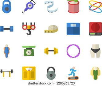 Color flat icon set hook flat vector, weighing machine, spring balance, dumbbell, barbell, weight, centimeter, waistline, Treadmill, steroids, hoop, size, lose