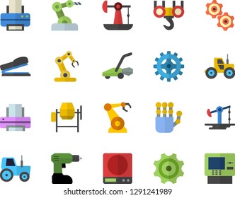 Color flat icon set hook flat vector, concrete mixer, drill screwdriver, weighing machine, tractor, lawn mower, oil pumping, cogwheel, robotics, printer, stapler, robot hand, industrial