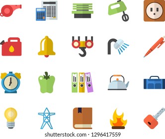 Color flat icon set hook flat vector, shower, sockets, calculator, teapot, mixer, bell pepper, bonfire, bench, power line support, canister, folder, pen, bulb, textbook, whistle, sport bag, key