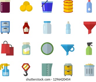 Color flat icon set hook flat vector, meashuring cup, glass jar, sieve, ketchup, jam, pulverizer, bucketful, oil tanks, funnel, bags, medical analysis, archive, pills, water, trash can