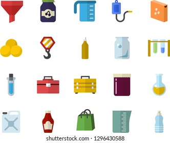 Color flat icon set hook flat vector, tool bag, meashuring cup, groats, ketchup, jam, mustard, canister, glass bottles, funnel, bags, medical warmer, analysis, beakers, pills, water