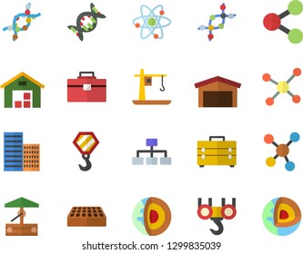 Color flat icon set hook flat vector, tool bag, skyscraper, brick, well, crane, warehouse, molecules, DNA, molecule, atom, classification, core of the earth fector