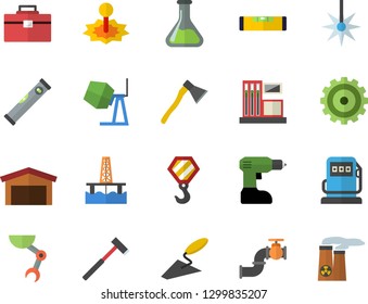 Color flat icon set hook flat vector, concrete mixer, trowel, drill screwdriver, tool bag, level meter, ax, oil production platform, main pipeline, chemistry, gas station, refueling, laser, cogwheel