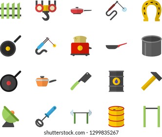 Color flat icon set hook flat vector, fence, hammer, frying pan, saute, teflon, whisk, knives, toaster, horseshoe, oil tanks, satellite antenna, pipe production, welding, barbell, parallel bars