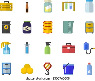 Color flat icon set hook flat vector, tool bag, meashuring cup, glass jar, sauce, jam, pulverizer, bucketful, oil tanks, medical warmer, analysis, archive, beakers, pills, water