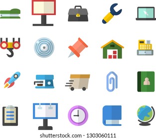 Color flat icon set hook flat vector, coffee machine, wrench, billboard, rocket, express delivery, cash, warehouse, clipboard, briefcase, clock, laptop, book, stapler, pushpin, clip, notebook, globe