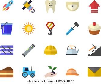 Color flat icon set hook flat vector, sink, level meter, hard hat, teapot, meat hammer, cupcake, piece of cake, tractor, seedlings, bucketful, mining, rocket, tooth, paper tray, satellit, sun fector