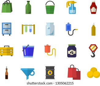 Color flat icon set hook flat vector, tool bag, ketchup, sauce, jam, mustard, pulverizer, bucketful, oil tanks, glass bottles, funnel, bags, medical warmer, archive, beakers, pills