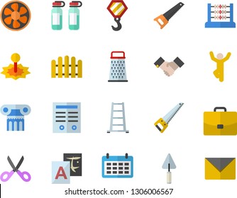 Color flat icon set hook flat vector, trowel, saw, scissors, grater, fence, ladder, ventilation, laser, case, calendar, ampoule, abacus, agreement, contract, gymnastics, antique column fector