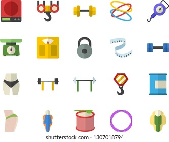 Color flat icon set hook flat vector, weighing machine, spring balance, dumbbell, barbell, weight, centimeter, buttocks, waistline, proteins, steroids, hoop, size, lose