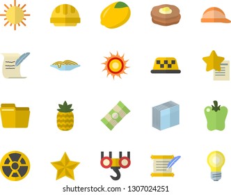 Color flat icon set hook flat vector, hard hat, spaghetti, lemon, bell pepper, pineapple, pancakes, sun, radiation, computer file, sticker, hostory roll, fector, taxi, favorites, lamp