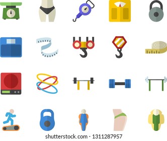 Color flat icon set hook flat vector, weighing machine, spring balance, dumbbell, barbell, weight, centimeter, buttocks, waistline, Treadmill, hoop, size, lose