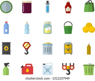 Color flat icon set hook flat vector, sieve, ketchup, jam, mustard, pulverizer, bucketful, oil tanks, canister, bags, medical analysis, archive, beakers, pills, water, trash can