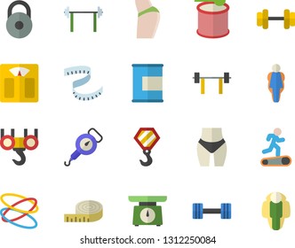 Color flat icon set hook flat vector, weighing machine, spring balance, dumbbell, barbell, weight, centimeter, buttocks, waistline, Treadmill, proteins, steroids, hoop, size, lose