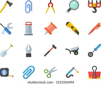 Color flat icon set hook flat vector, tool, tape measure, stationery knife, ax, kitchen spoon, grater, shovel, garden wheelbarrow, welding, dividers, clip, ink pen, magnifier, pushpin, scissors