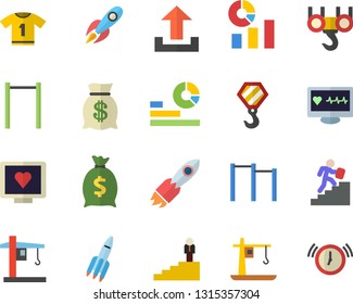 Color flat icon set hook flat vector, crane, rocket, wealth, statistics, computer diagnostics of health, career ladder, parallel bars, sport T shirt, upload, alarm clock